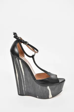 Alaia Black Leather T-Strap Wooden Wedge Heels Size 37