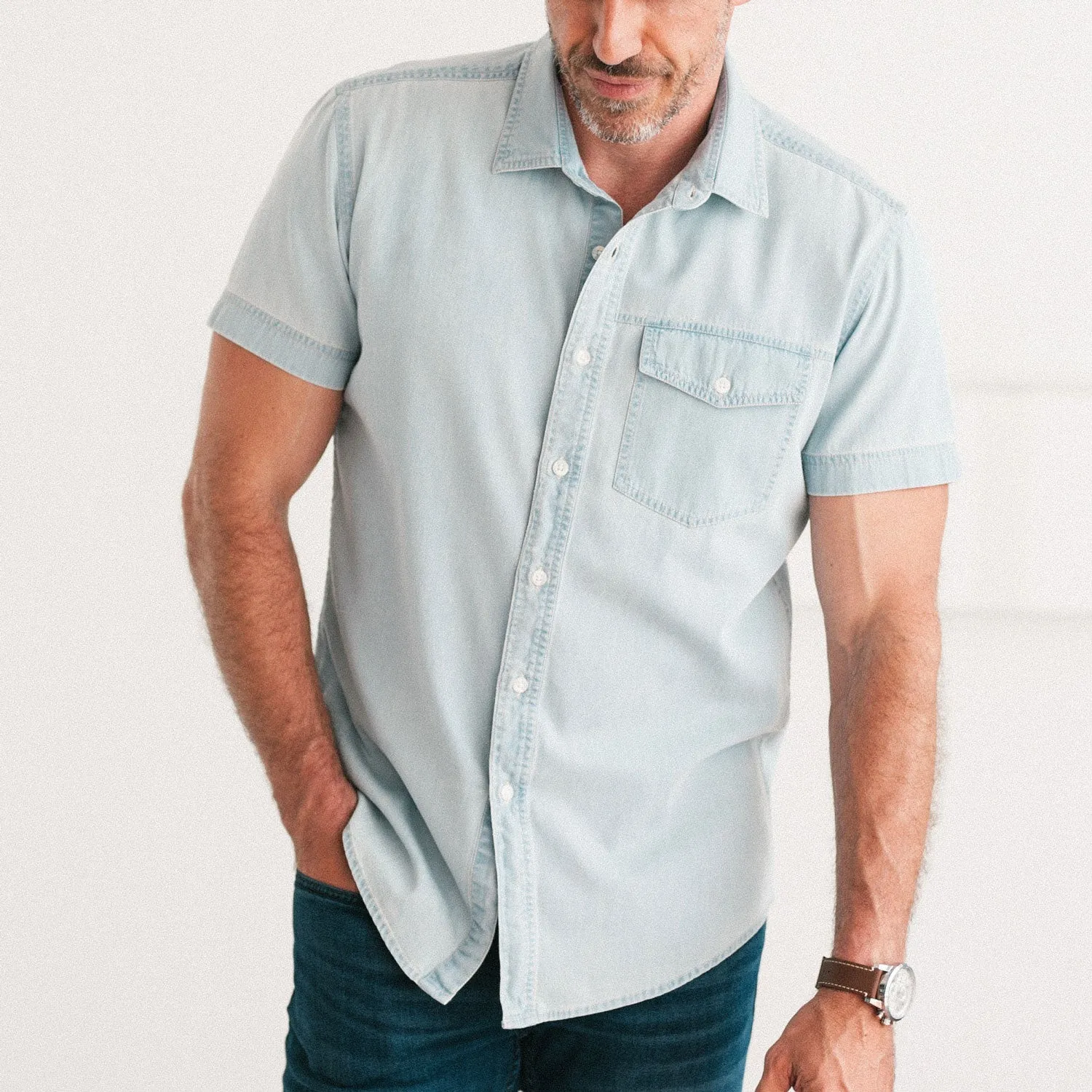 Author Short Sleeve Casual Shirt – Light Blue Cotton Denim