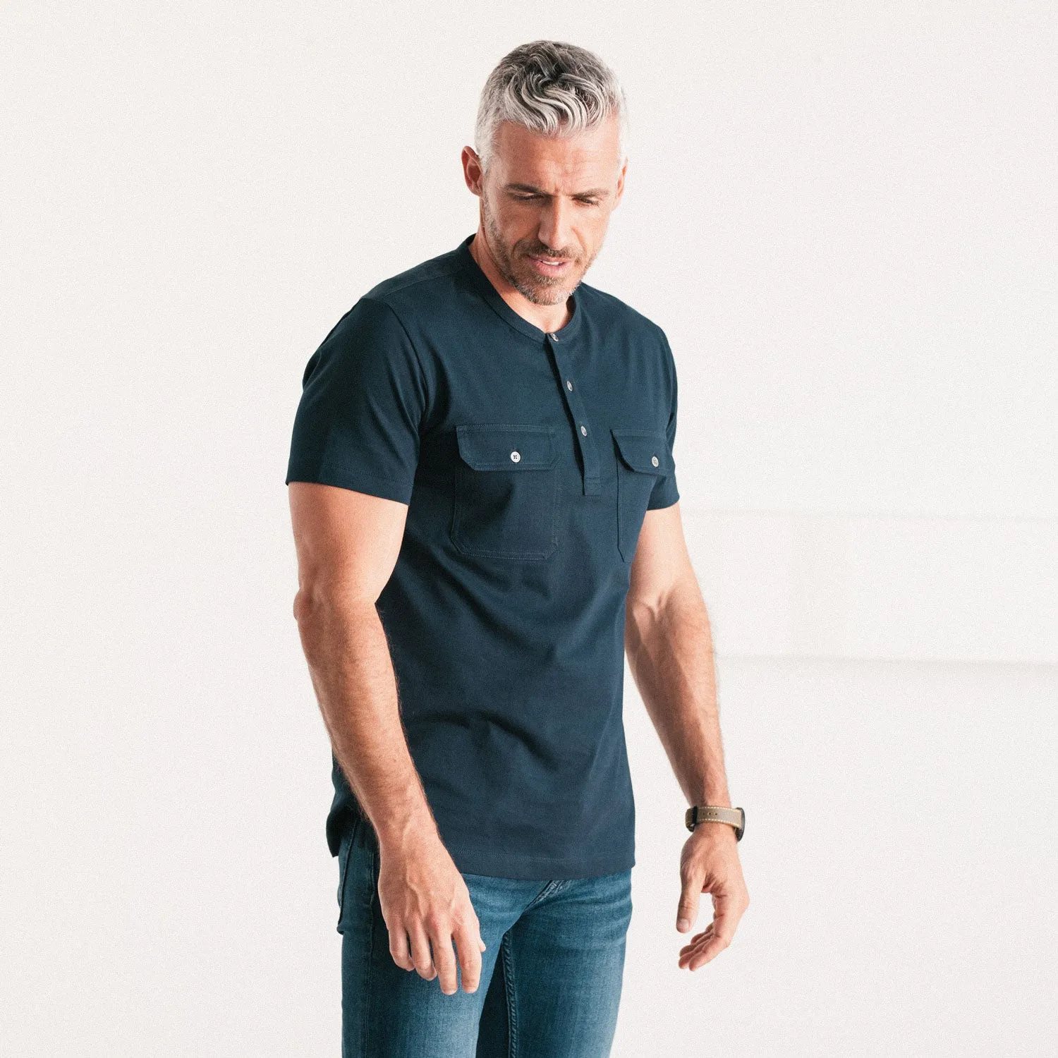 Constructor Short Sleeve Henley Shirt –  Navy Cotton Jersey