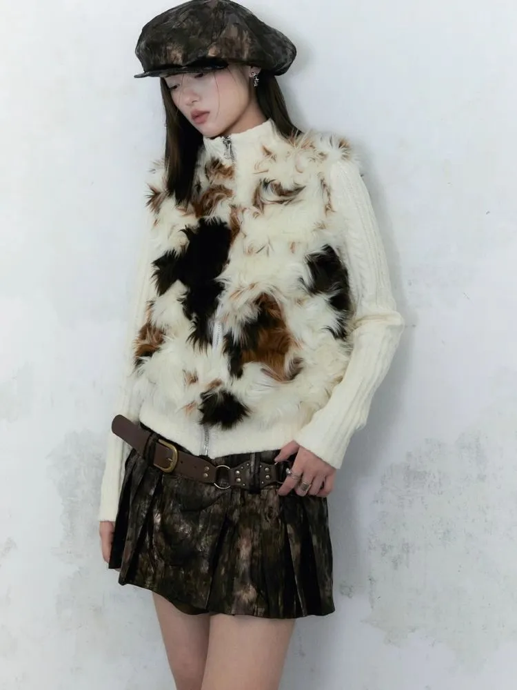 Cow Print Curly Patchwork Sweater 【s0000004958】