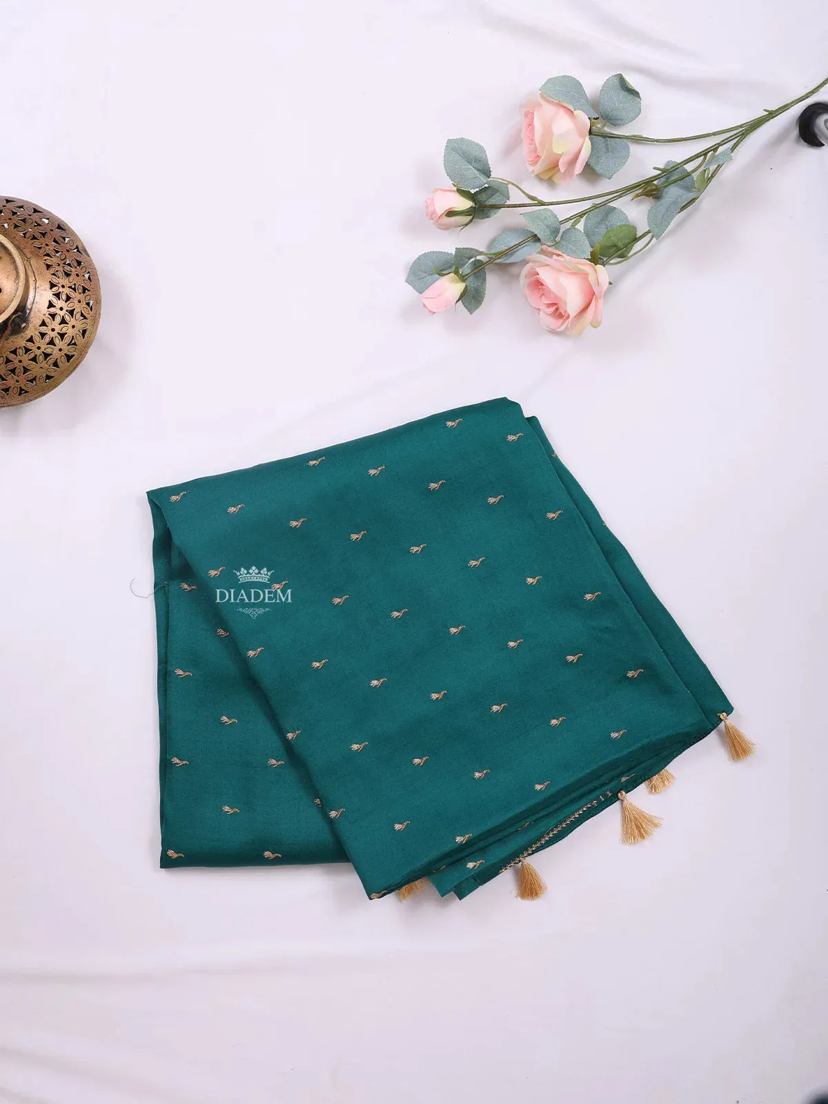 Dark Green Semi Tussar Silk Saree with Small Flower Motif on the Body and without Border