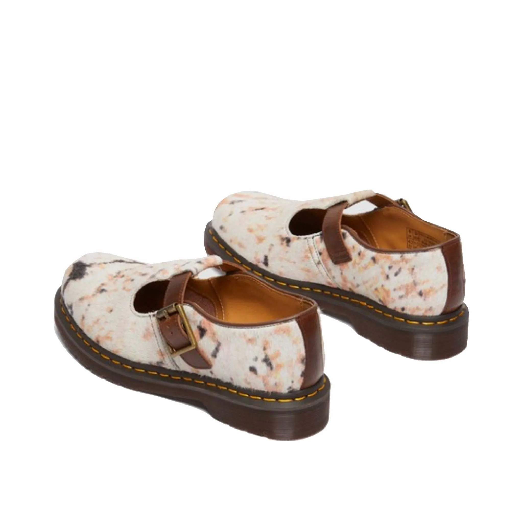 Dr. Martens T-Bar Shoes with Hair On Leather and Orleans Finish in Multi Abstract/Butterscotch Colors