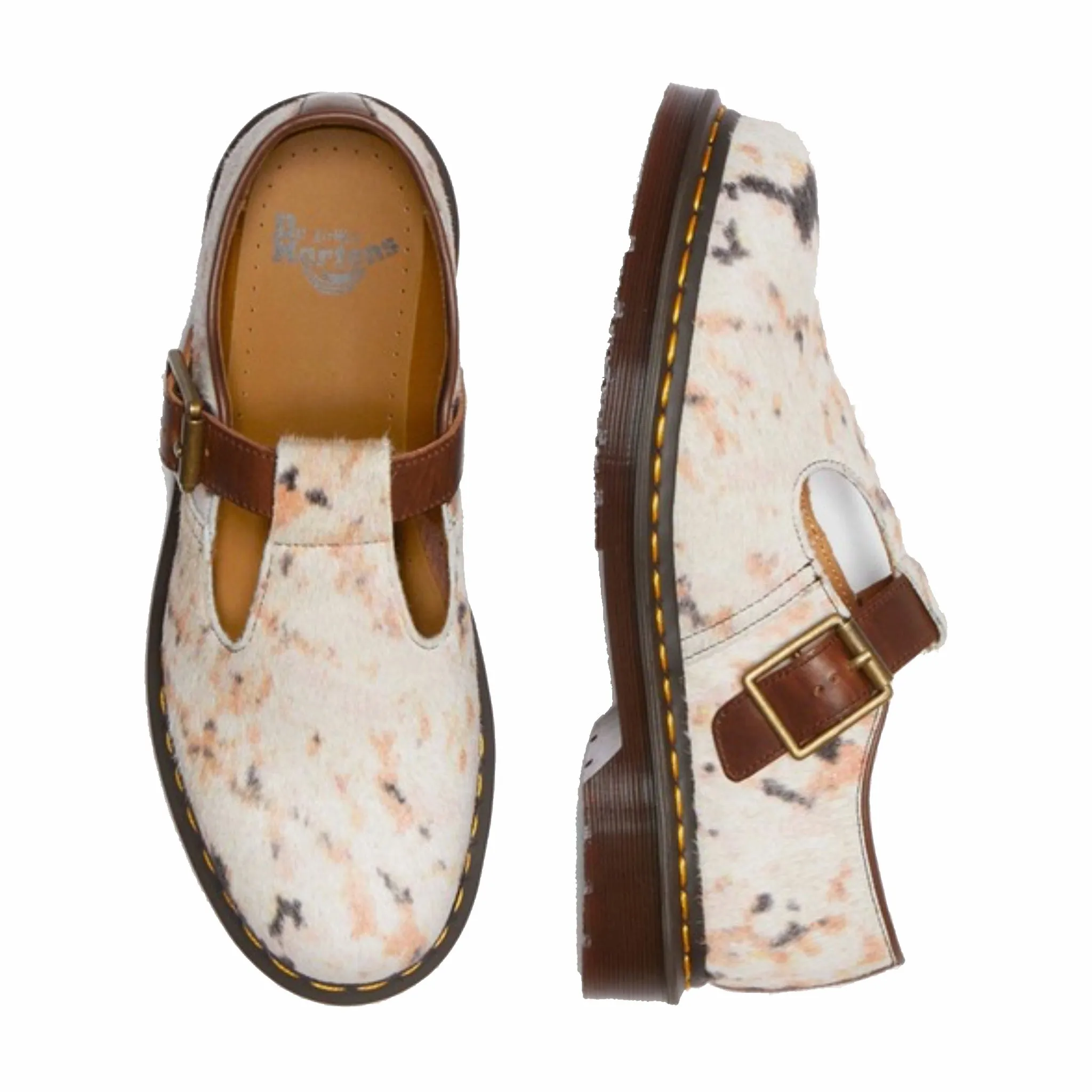 Dr. Martens T-Bar Shoes with Hair On Leather and Orleans Finish in Multi Abstract/Butterscotch Colors