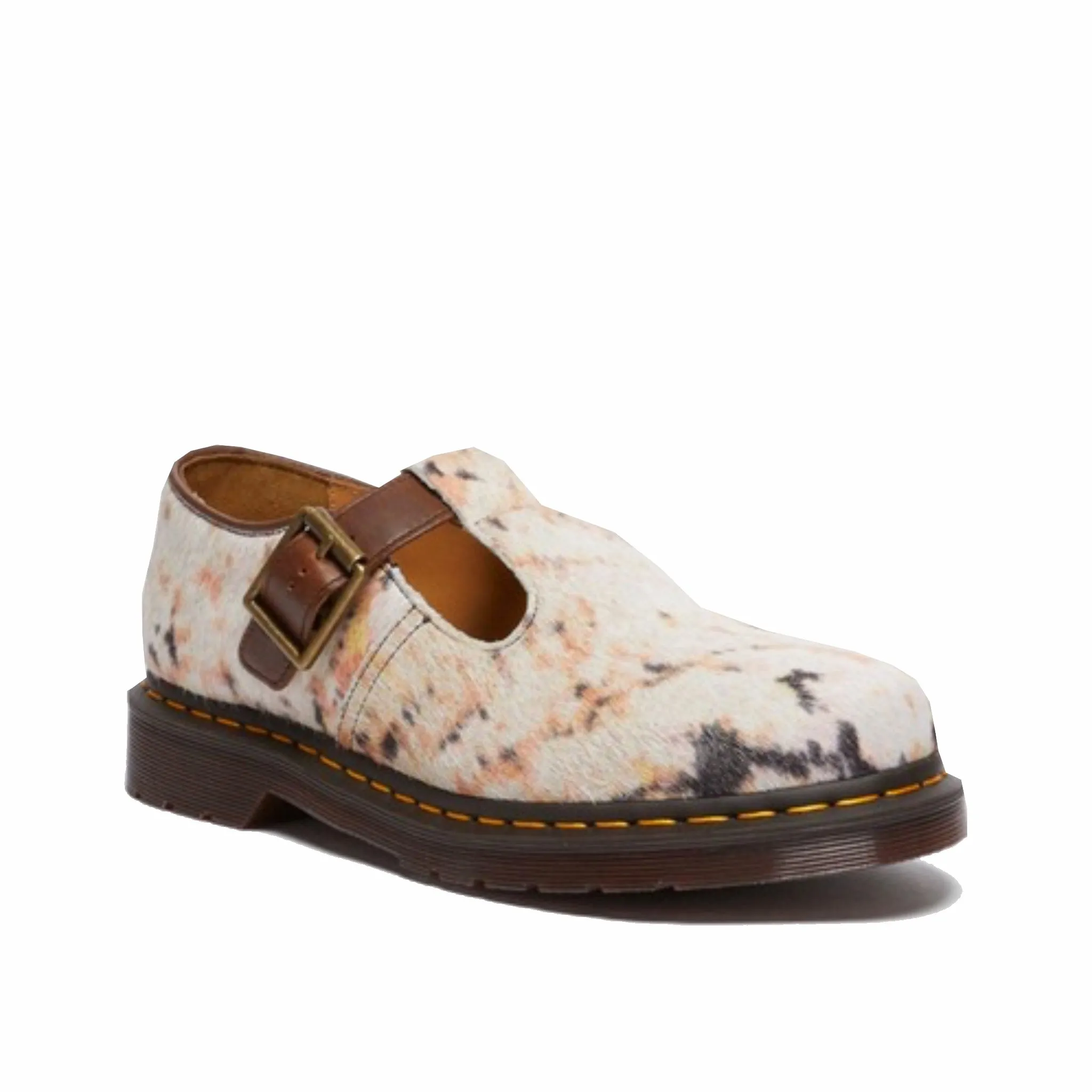 Dr. Martens T-Bar Shoes with Hair On Leather and Orleans Finish in Multi Abstract/Butterscotch Colors