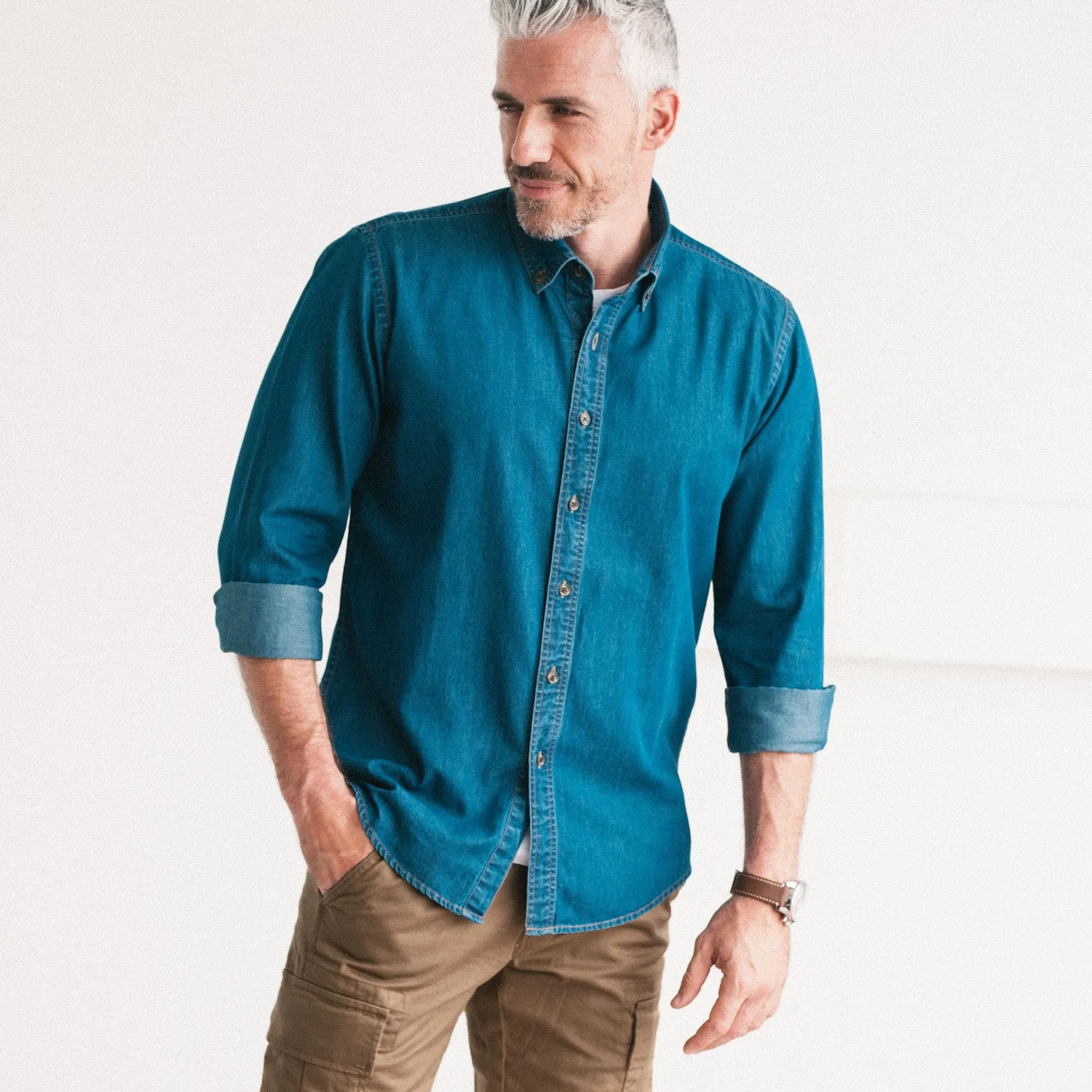 Essential Button Down Collar Casual Shirt - Medium Blue Cotton Denim