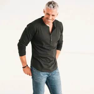 Essential Curved Hem Henley –  Black Cotton Jersey