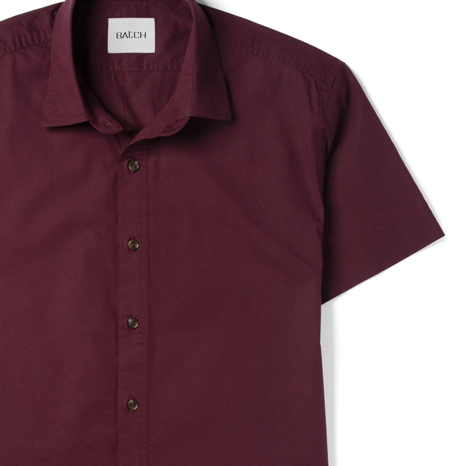 Essential Spread Collar Casual Short Sleeve Shirt - Burgundy Stretch Cotton Poplin