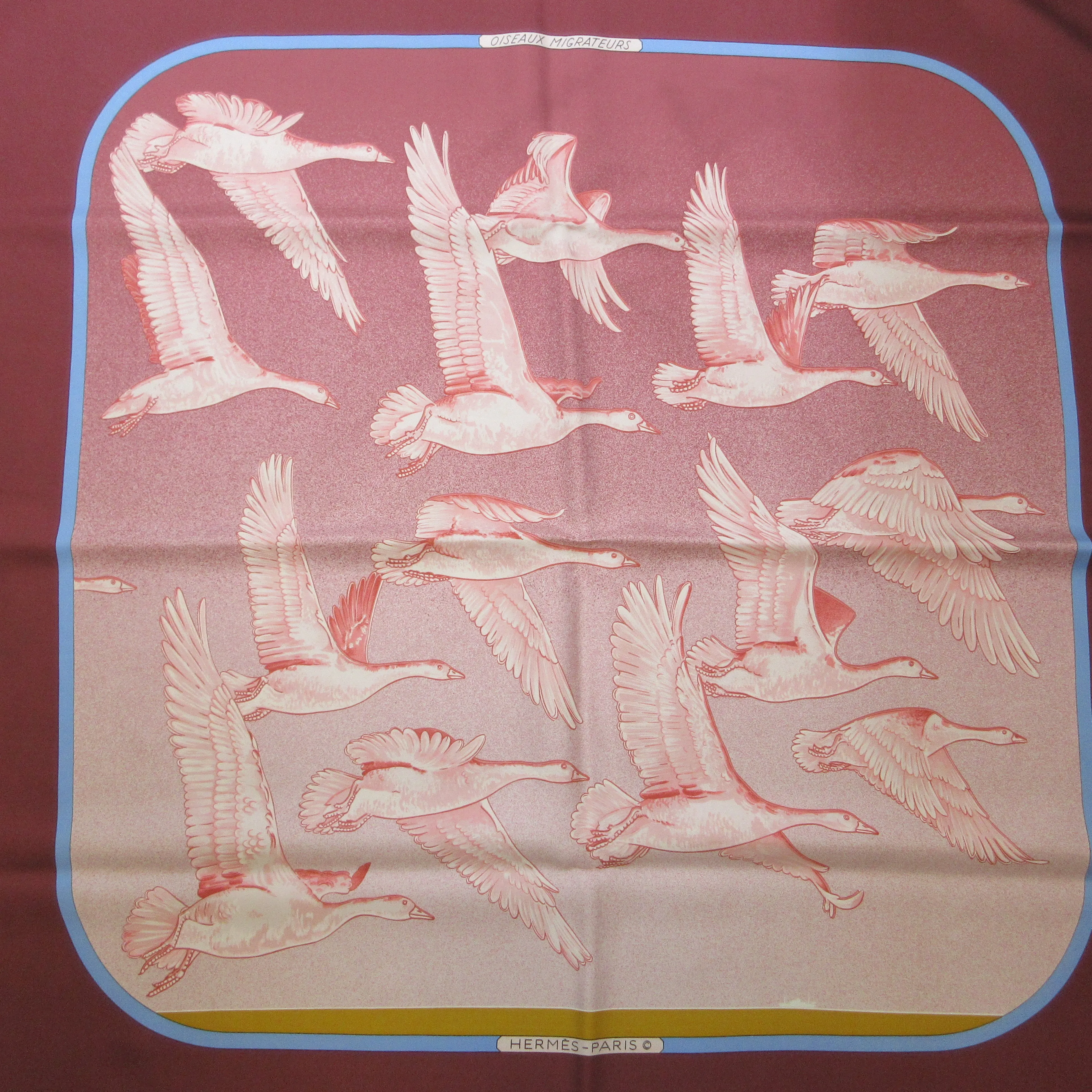 Hermes Burgundy Multi Oiseaux Migrateurs Square Silk Twill Scarf