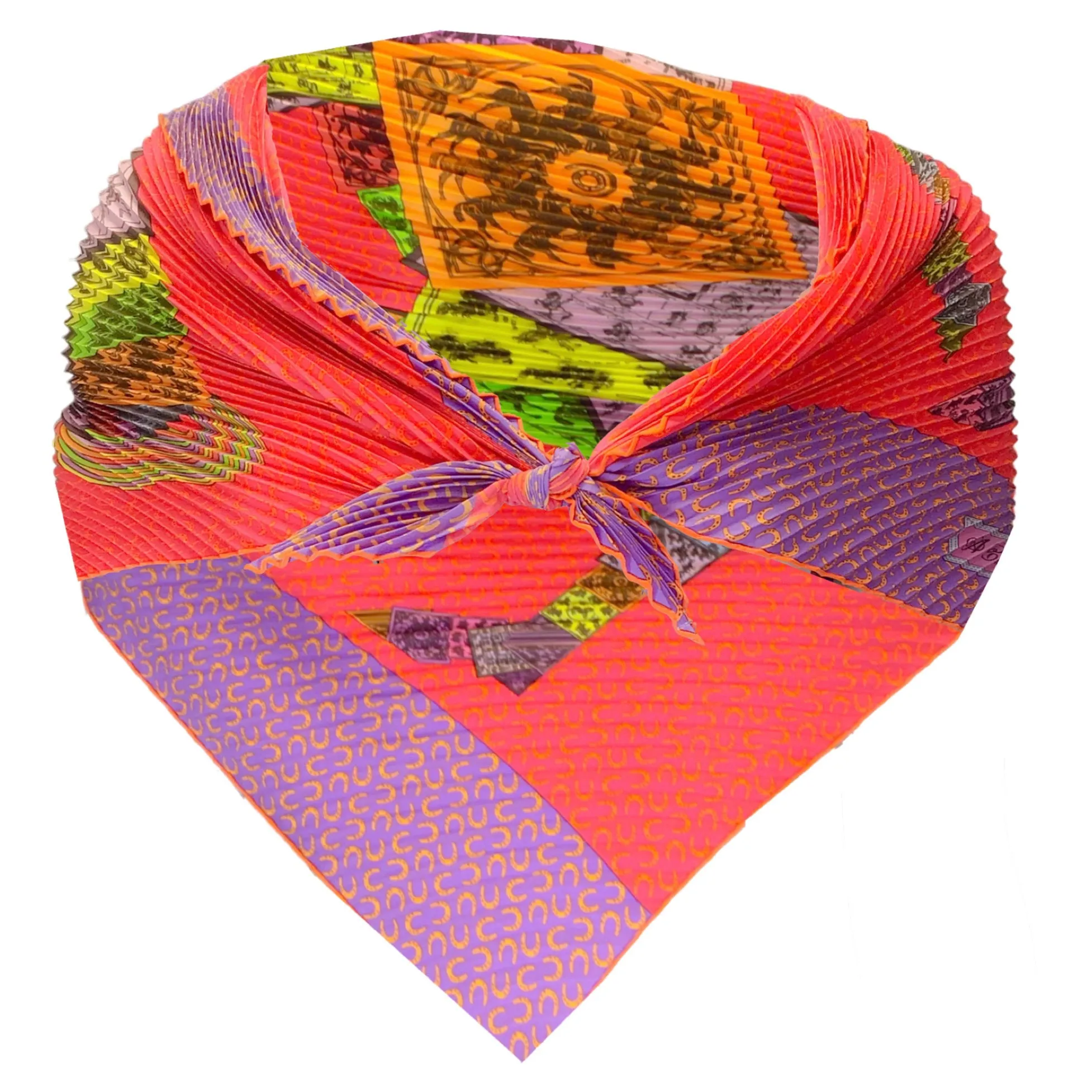 Hermes Pink / Purple Multi A Cheval sur mon Carre Plisse Pleated Silk Twill Scarf