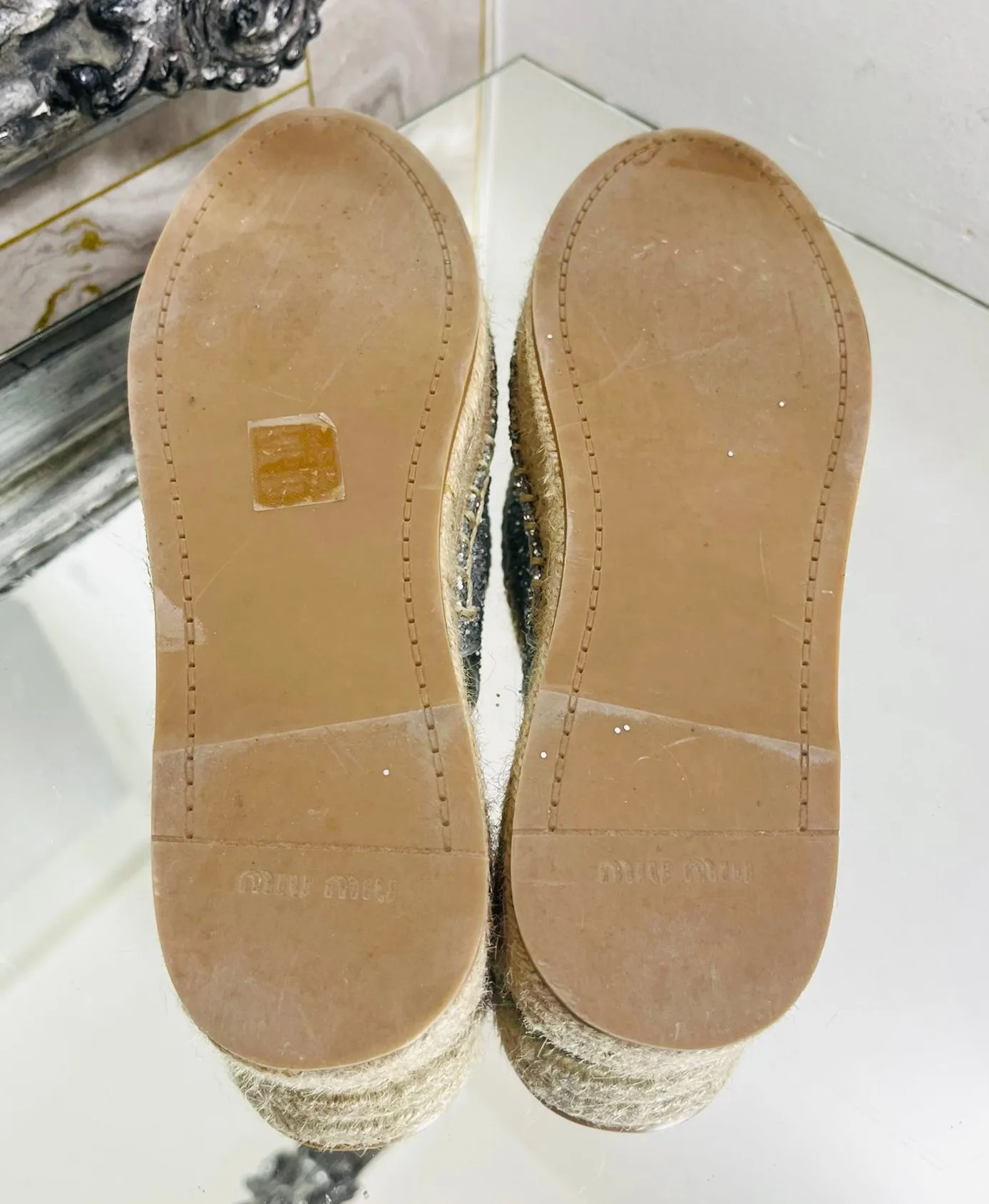 Miu Miu Glitter & Leather Logo Espadrilles. Size 38.5