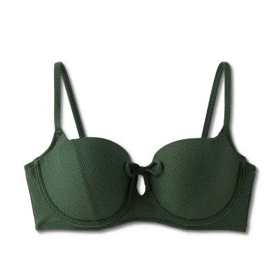 New - Women's Light Lift Tie-Front Keyhole Pique Textured Bikini Top - Shade & Shore Dark Green 34C