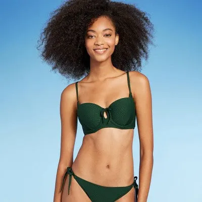 New - Women's Light Lift Tie-Front Keyhole Pique Textured Bikini Top - Shade & Shore Dark Green 34C