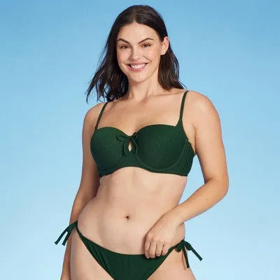 New - Women's Light Lift Tie-Front Keyhole Pique Textured Bikini Top - Shade & Shore Dark Green 34C