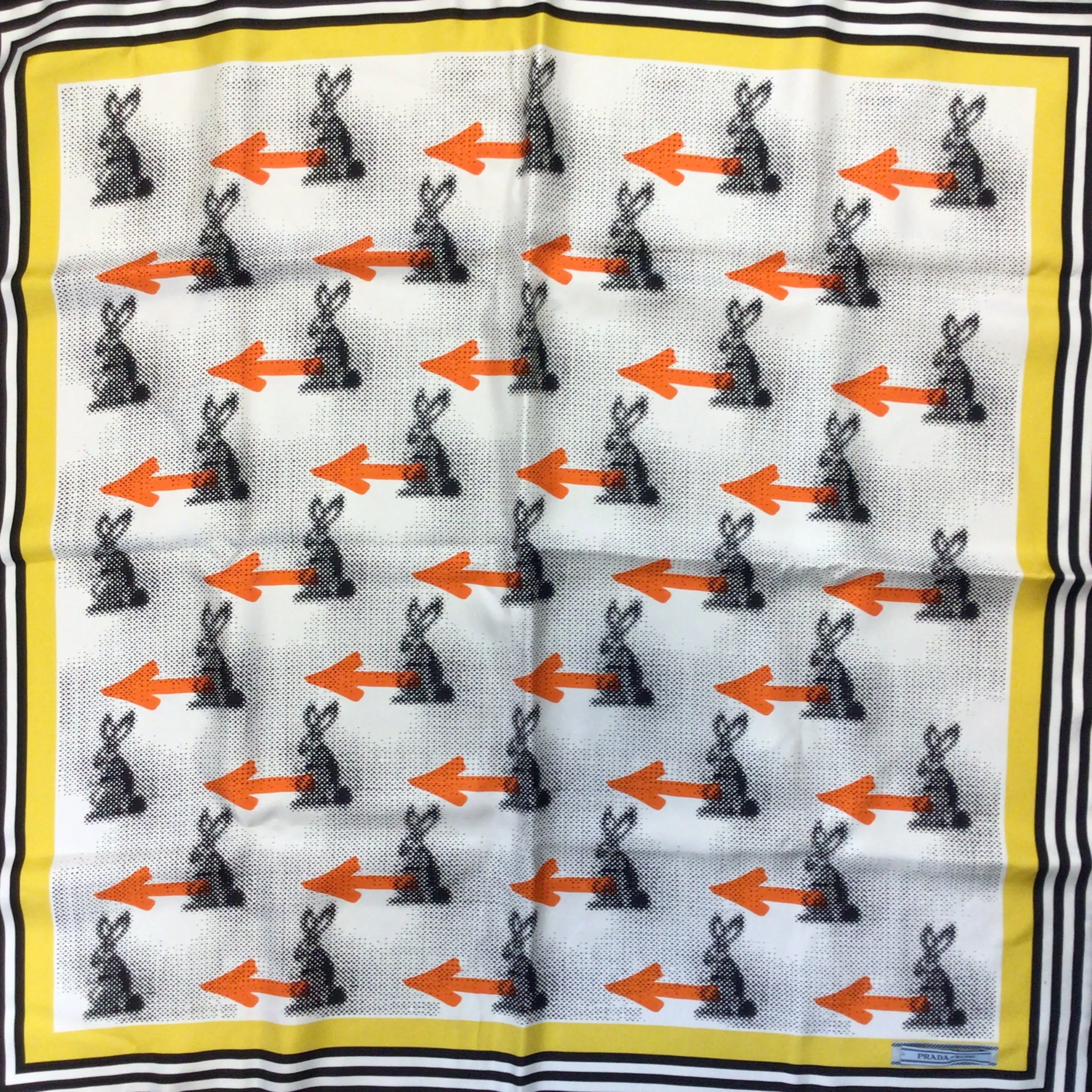 Prada White / Yellow / Orange / Black 2015 Bunny Arrow Print Square Silk Scarf