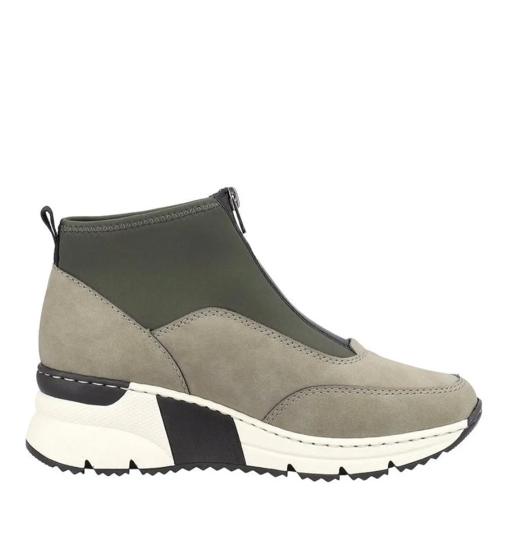 Rieker N6352-52 Khaki Green Wedge Zip Up Front Trainer Ankle Boots