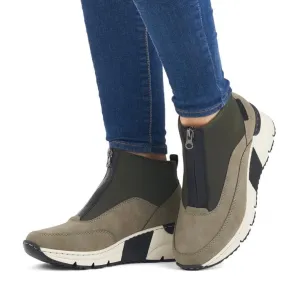 Rieker N6352-52 Khaki Green Wedge Zip Up Front Trainer Ankle Boots