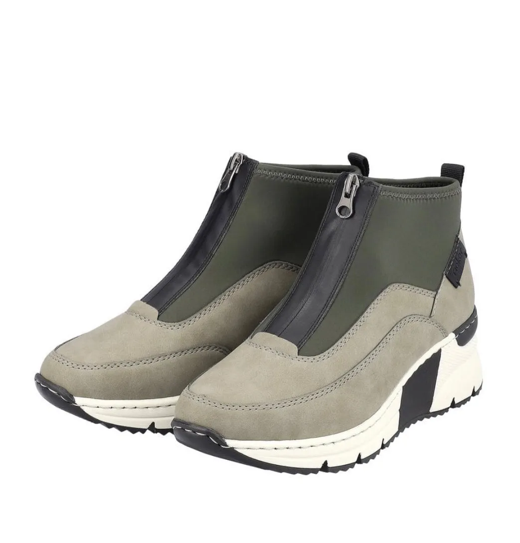 Rieker N6352-52 Khaki Green Wedge Zip Up Front Trainer Ankle Boots