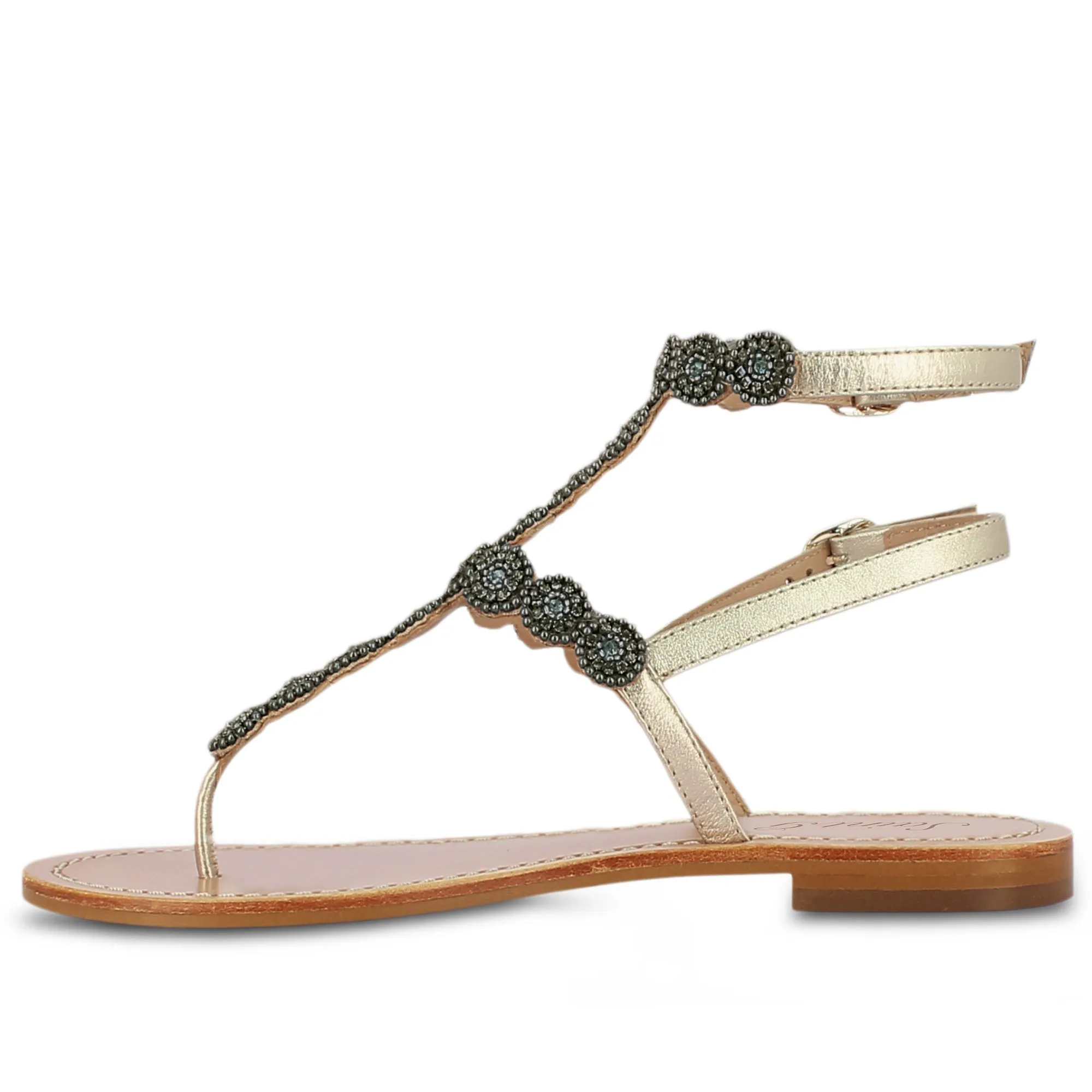 Saint Azzurra Platin Flat Leather Black Embroidered Sandals