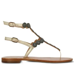 Saint Azzurra Platin Flat Leather Black Embroidered Sandals